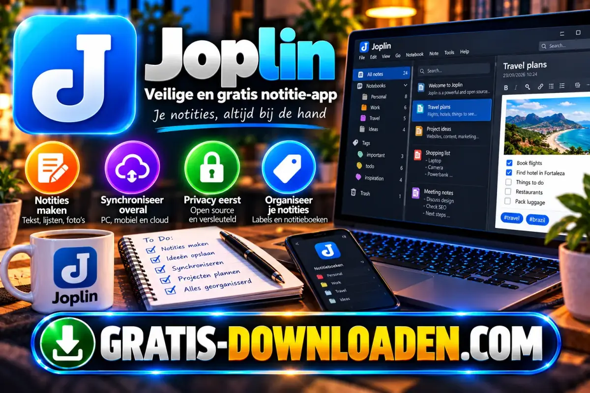 Illustratie van Joplin: het blauwe Joplin-logo met een laptop en telefoon met notitieboeken en iconen voor notities, synchronisatie en privacy