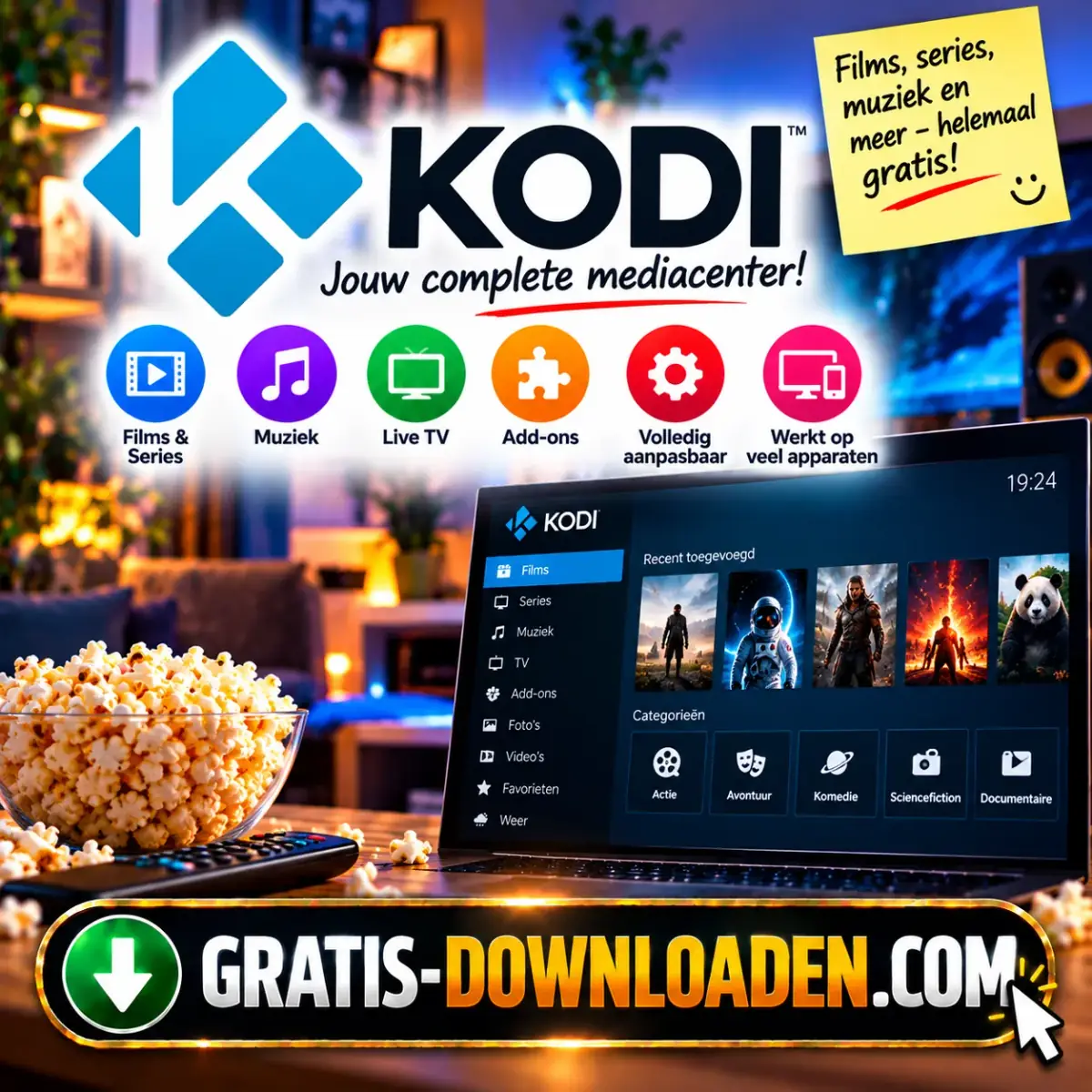 Illustratie van Kodi: het Kodi-logo met een tv met de Kodi-interface, popcorn en iconen voor films, muziek en add-ons