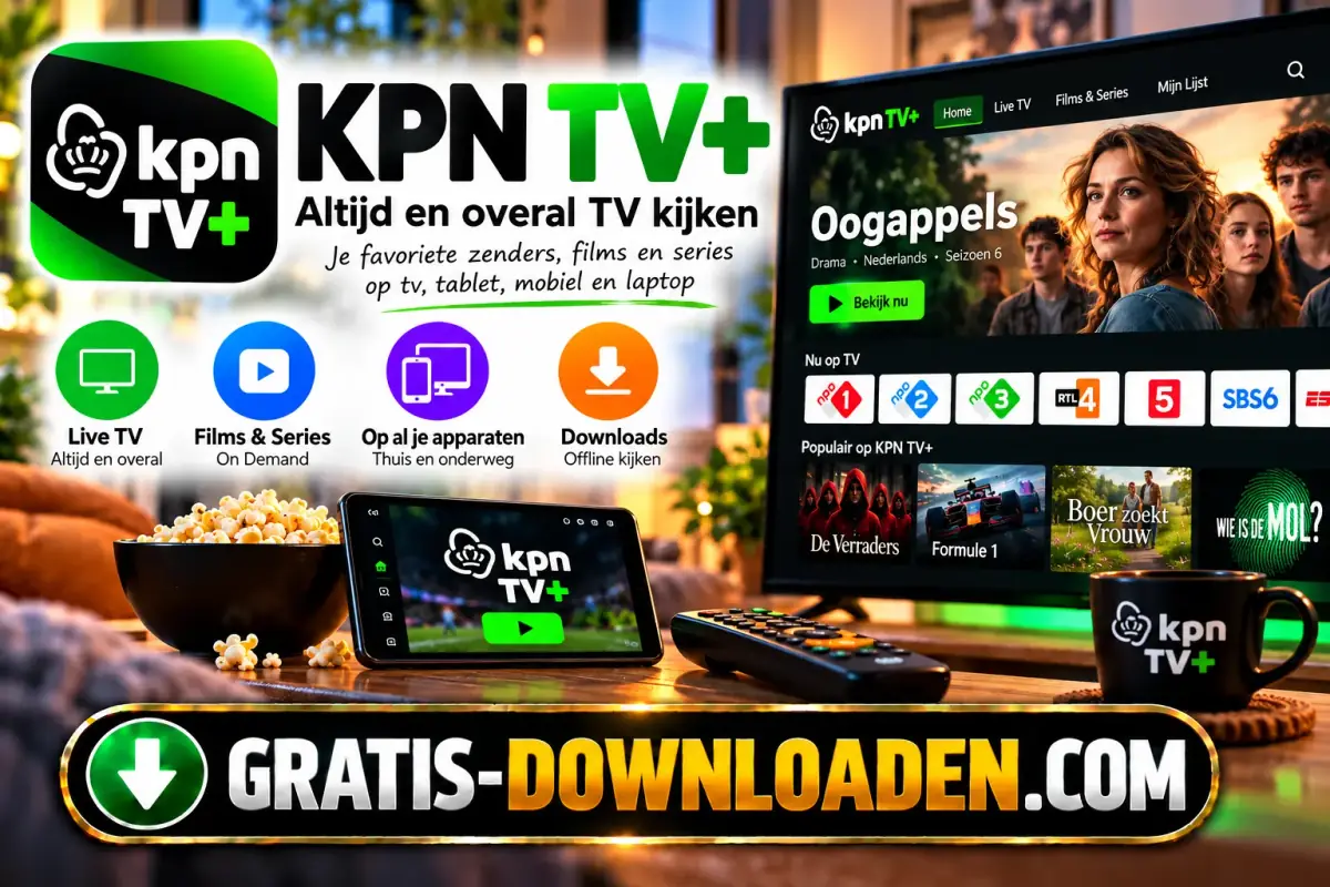 Illustratie van KPN TV+: het KPN TV+-logo met een tv, een telefoon met tv-zenders, een afstandsbediening en popcorn