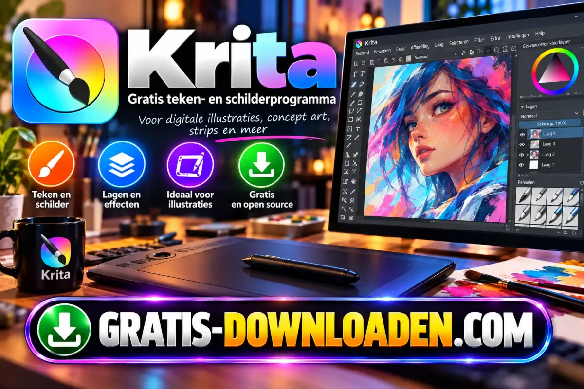Illustratie van Krita: het Krita-logo met een penseel en een scherm met een digitale tekening naast een tekentablet