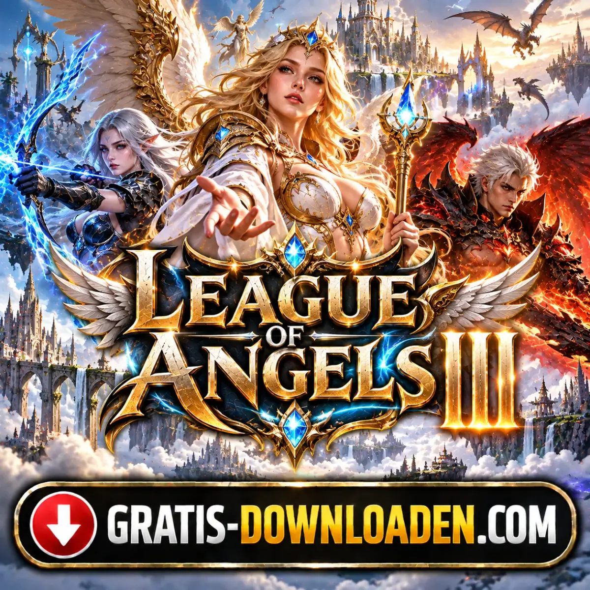 Illustratie van League of Angels III: een engel met een gouden staf en fantasyhelden voor een zwevende stad