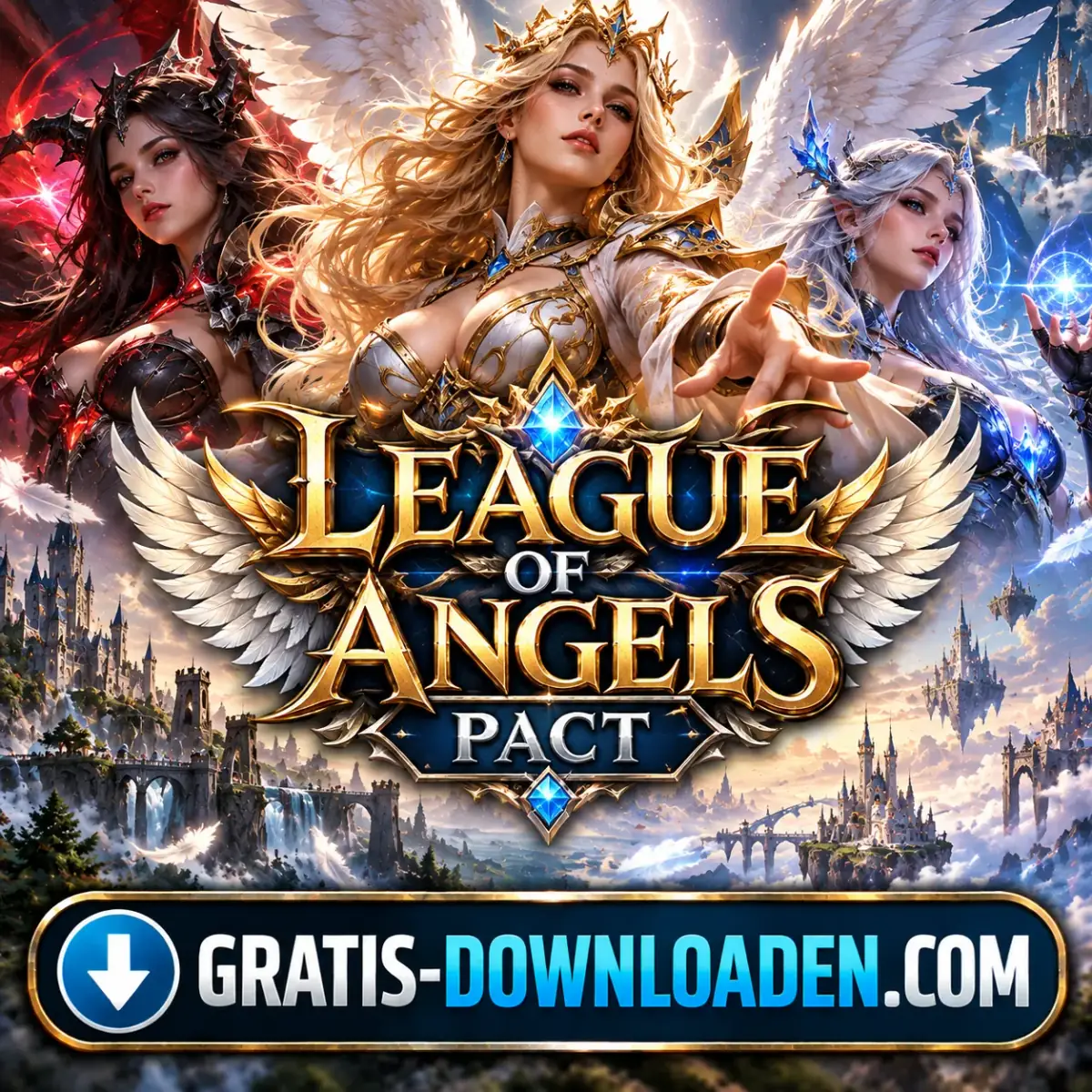Illustratie van League of Angels: Pact: gevleugelde engelen in gouden harnas boven een fantasystad