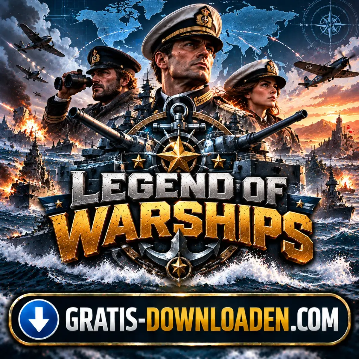 Illustratie van Legend of Warships: marineofficieren met een verrekijker en oorlogsschepen op zee