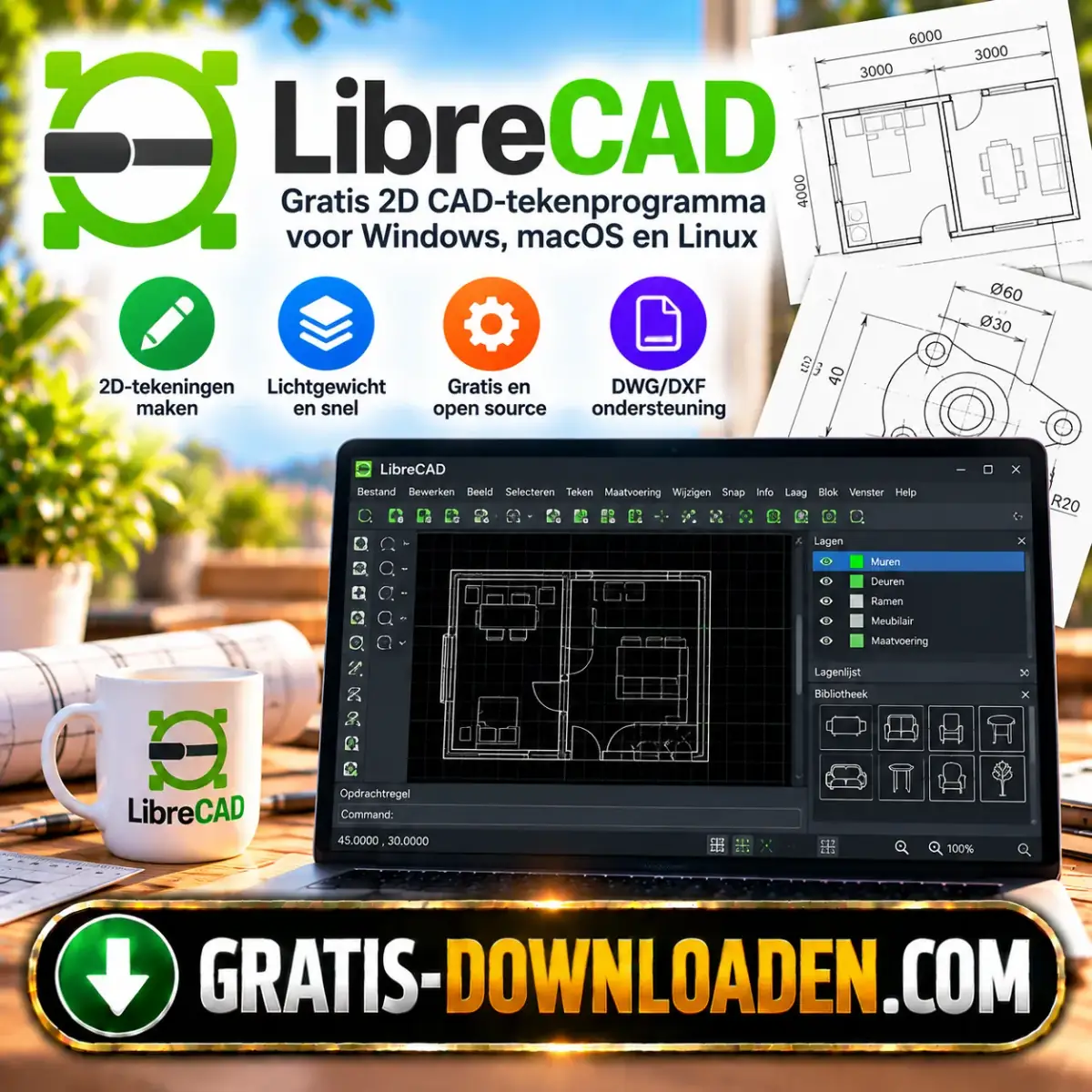 Illustratie van LibreCAD: het LibreCAD-logo met een technische tekening en een laptop met een plattegrond in LibreCAD