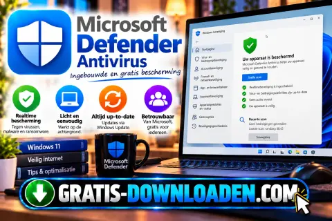 Illustratie van Microsoft Defender Antivirus: het schildlogo met een laptop met Windows-beveiliging die meldt dat het apparaat beschermd is