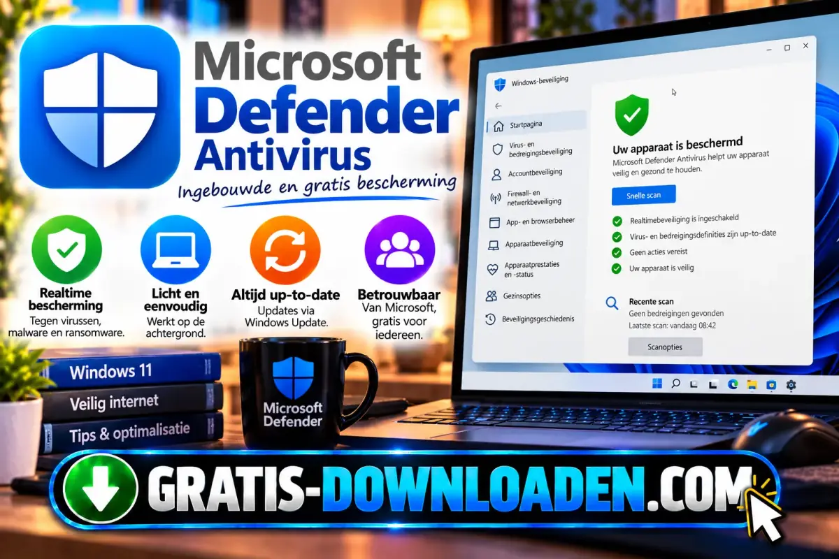 Illustratie van Microsoft Defender Antivirus: het schildlogo met een laptop met Windows-beveiliging die meldt dat het apparaat beschermd is