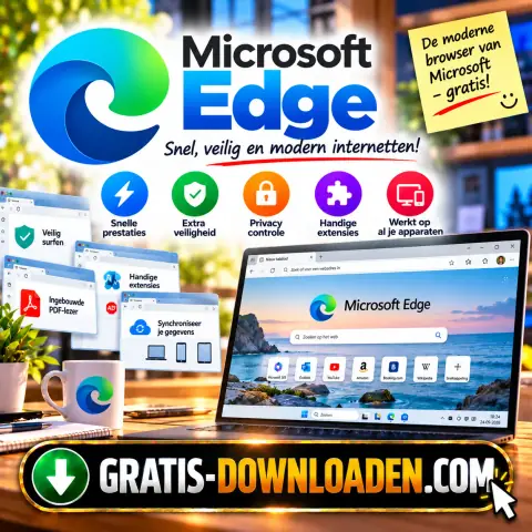 Illustratie van Microsoft Edge: het Edge-logo met een laptop met de Edge-startpagina en iconen voor snelheid, veiligheid en privacy