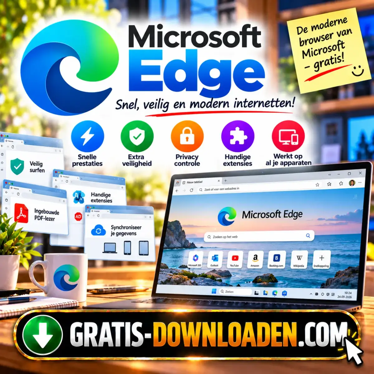 Illustratie van Microsoft Edge: het Edge-logo met een laptop met de Edge-startpagina en iconen voor snelheid, veiligheid en privacy