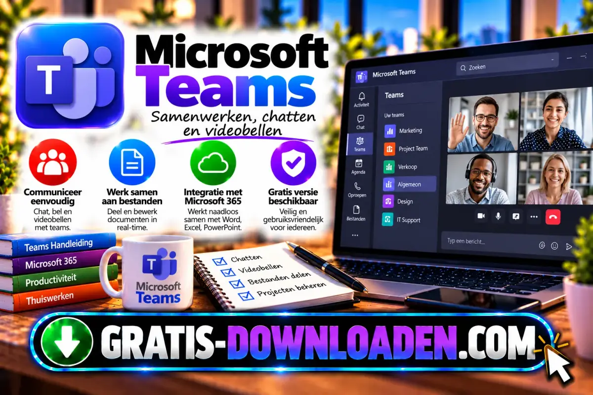 Illustratie van Microsoft Teams: het paarse Teams-logo met een laptop met een videogesprek met vier mensen en een lijst met teams