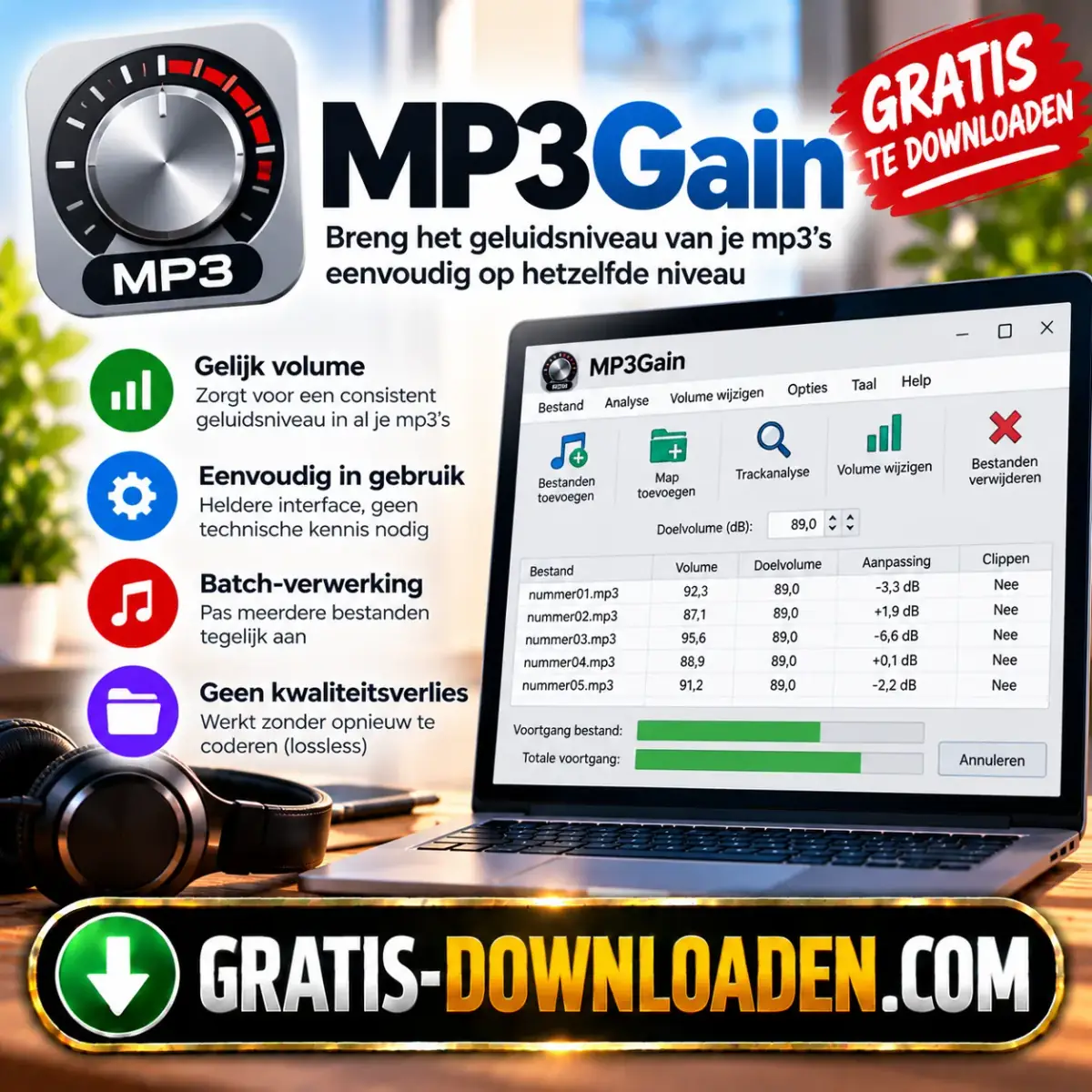 Illustratie van MP3Gain: het MP3Gain-logo met een volumeknop, een laptop met MP3Gain en een koptelefoon