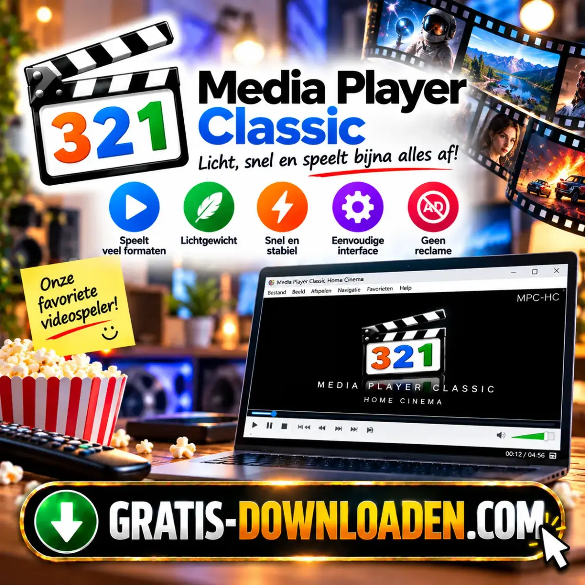 Illustratie van Media Player Classic: het 321-logo met een filmklapper, een laptop met MPC-HC en popcorn