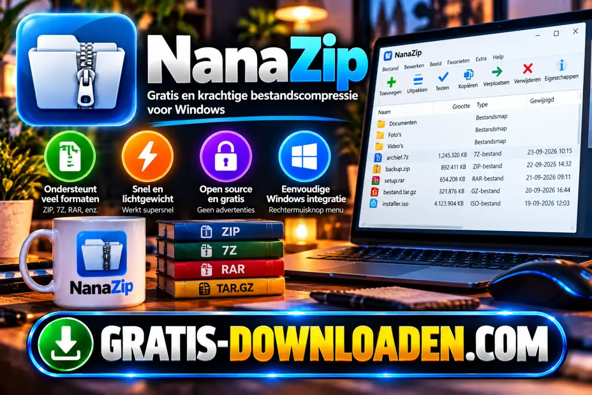 Illustratie van NanaZip: het NanaZip-logo met een map met rits en een laptop met archiefbestanden