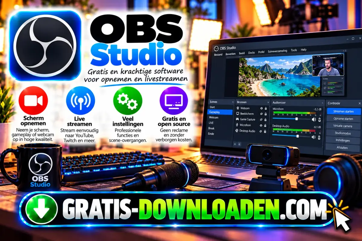 Illustratie van OBS Studio: het OBS-logo met een laptop met de OBS-bediening, een webcam, microfoon en koptelefoon op een bureau