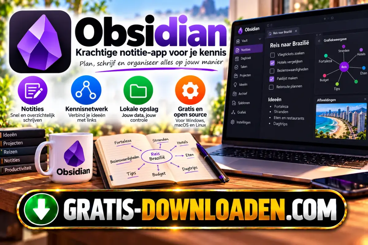 Illustratie van Obsidian: het paarse Obsidian-logo met een laptop met notities, een grafiekweergave van verbonden ideeën en een notitieboek