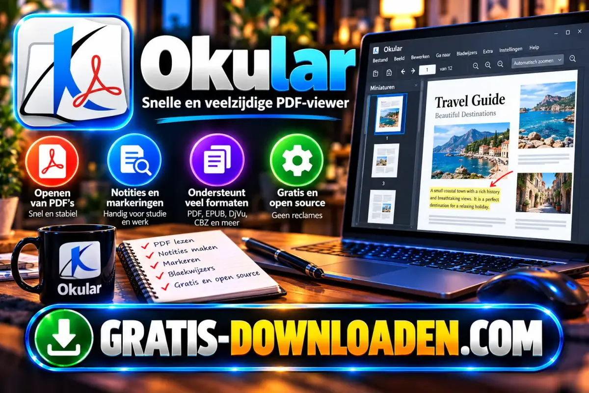 Illustratie van Okular: het Okular-logo met een laptop met een geopend reisgids-document en iconen voor pdf's openen, notities en formaten