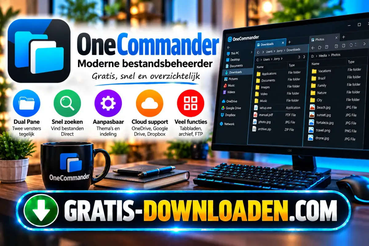 Illustratie van OneCommander: het OneCommander-logo met een monitor met mappen in kolommen en iconen voor twee panelen en zoeken