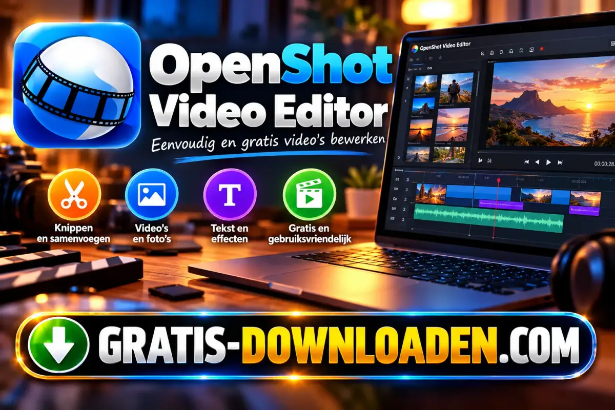 Illustratie van OpenShot Video Editor: het OpenShot-logo met een laptop met een videotijdlijn en iconen voor knippen, titels en effecten