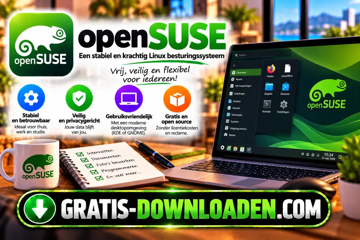 Illustratie van openSUSE: het groene openSUSE-logo met een laptop met het openSUSE-bureaublad en iconen voor stabiliteit, privacy en open source
