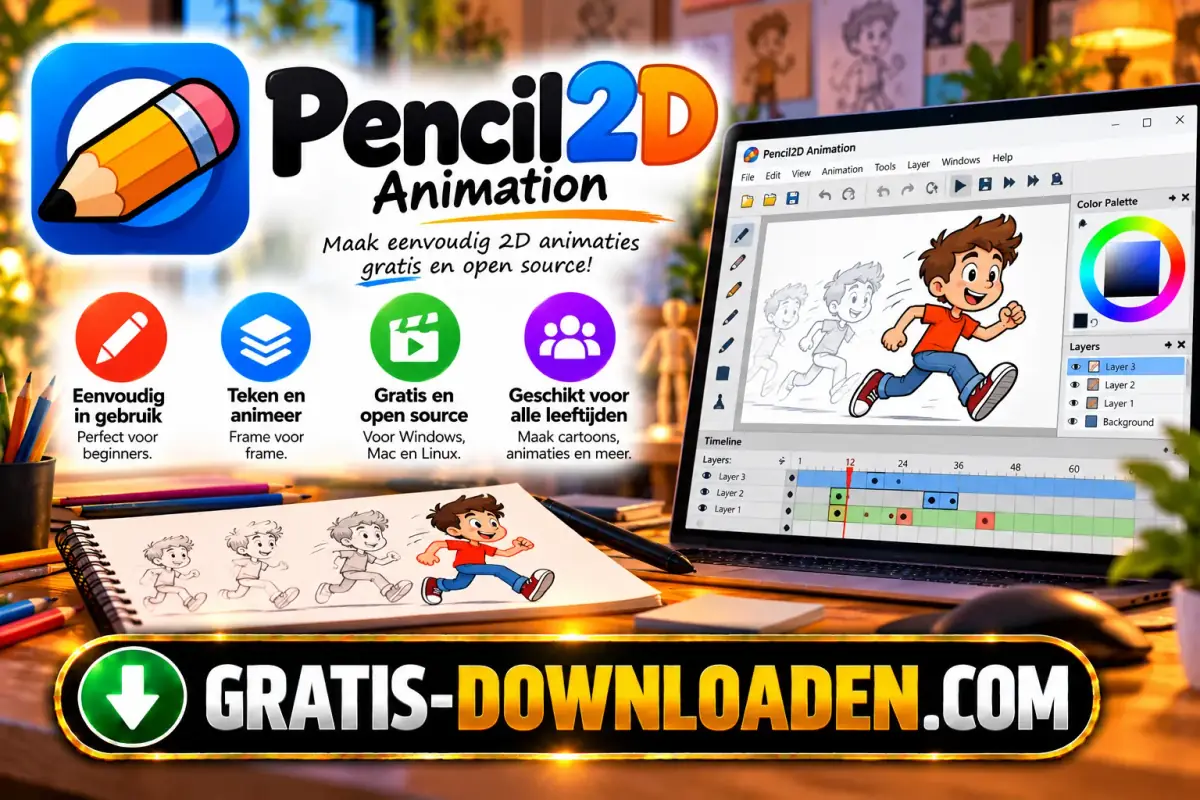 Illustratie van Pencil2D Animation: het Pencil2D-logo met een laptop met een getekend rennend figuurtje, een tijdlijn en schetsen op papier