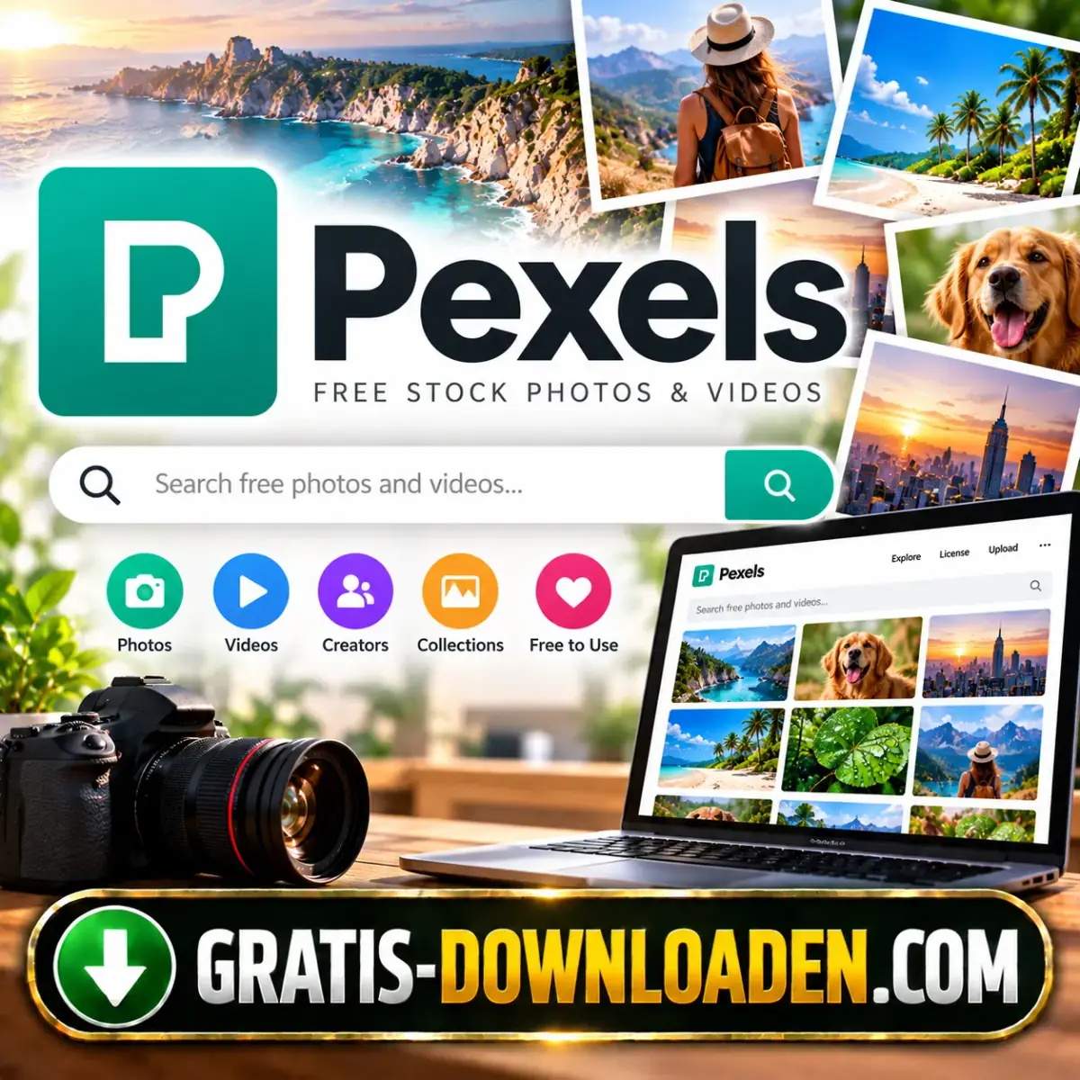 Illustratie van Pexels: het Pexels-logo met een zoekbalk, reisfoto's, een hond en een camera naast een laptop met de Pexels-website