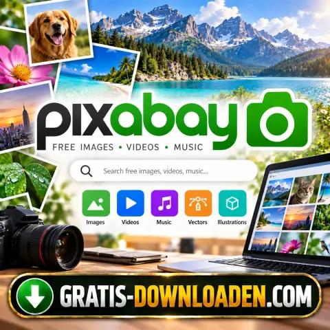Illustratie van Pixabay: het Pixabay-logo met een zoekbalk, foto's van bergen, een hond en een bloem, en een camera naast een laptop