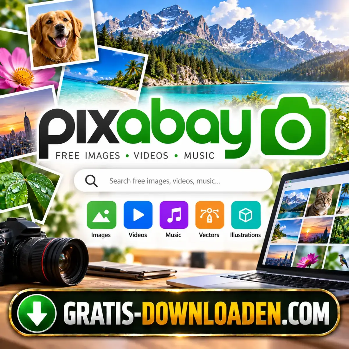 Illustratie van Pixabay: het Pixabay-logo met een zoekbalk, foto's van bergen, een hond en een bloem, en een camera naast een laptop