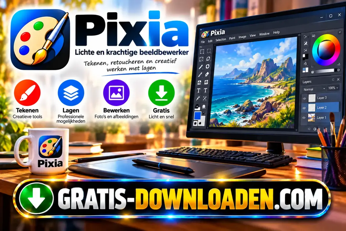 Illustratie van Pixia: het Pixia-logo met een palet en penseel en een scherm met een landschapsschilderij