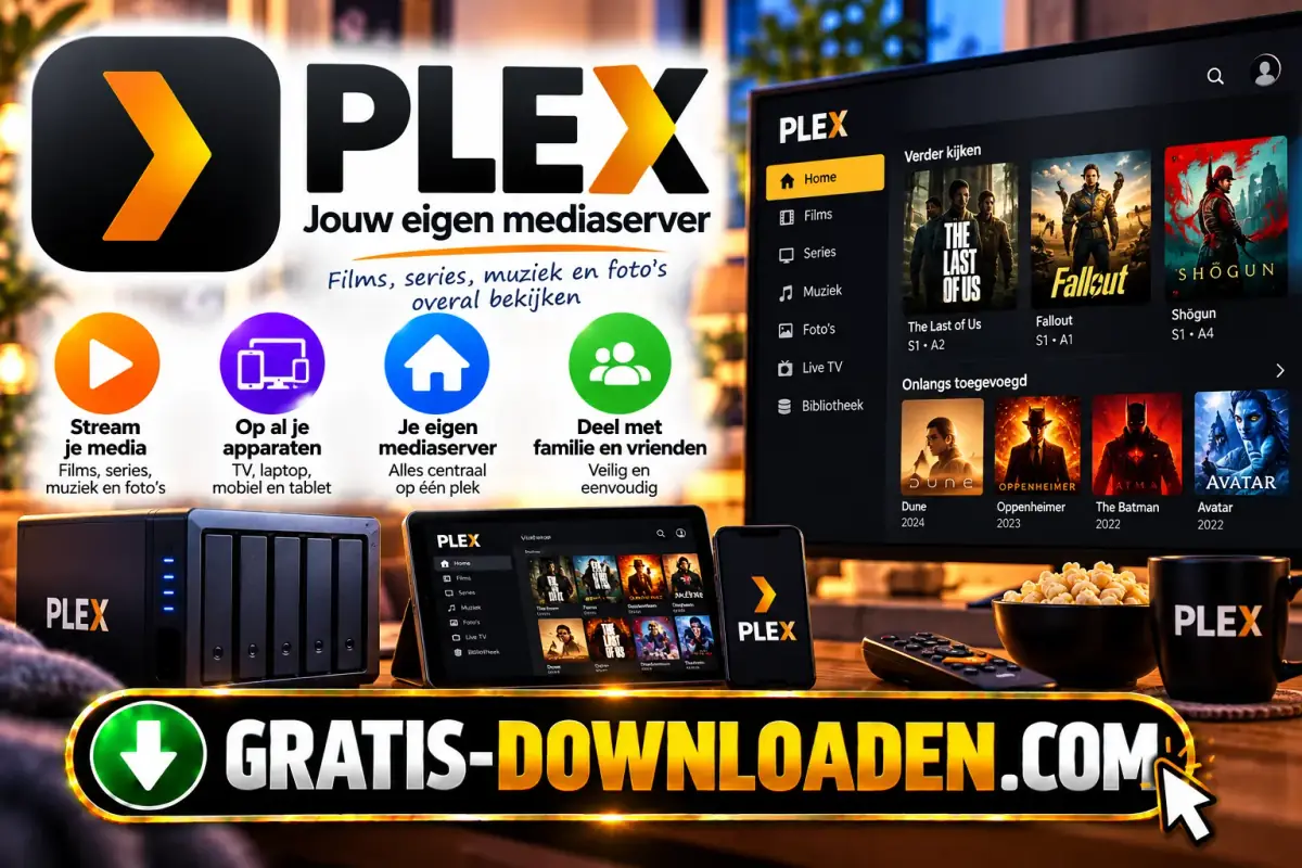 Illustratie van Plex: het Plex-logo met een tv met een filmbibliotheek, een NAS, tablet en telefoon en iconen voor streamen en delen
