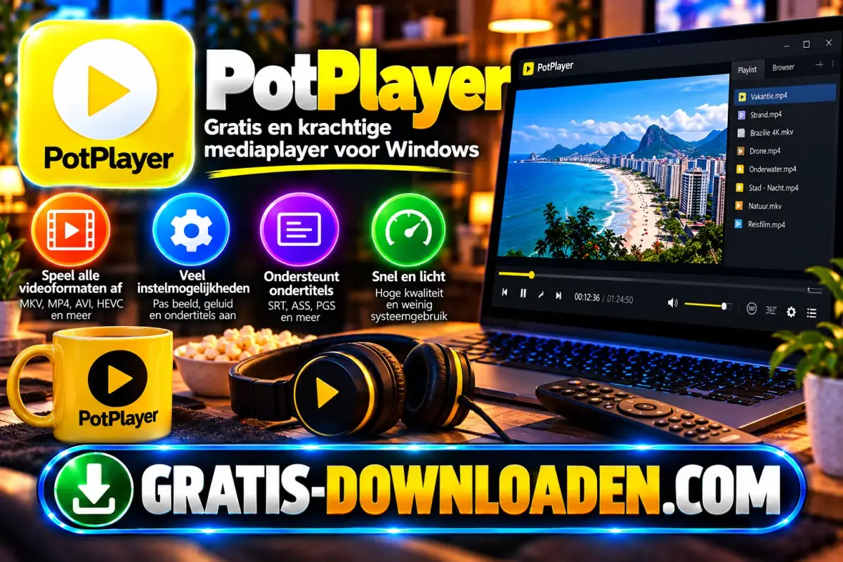 Illustratie van PotPlayer: het gele PotPlayer-logo met een laptop met een video en afspeellijst, een koptelefoon en een afstandsbediening