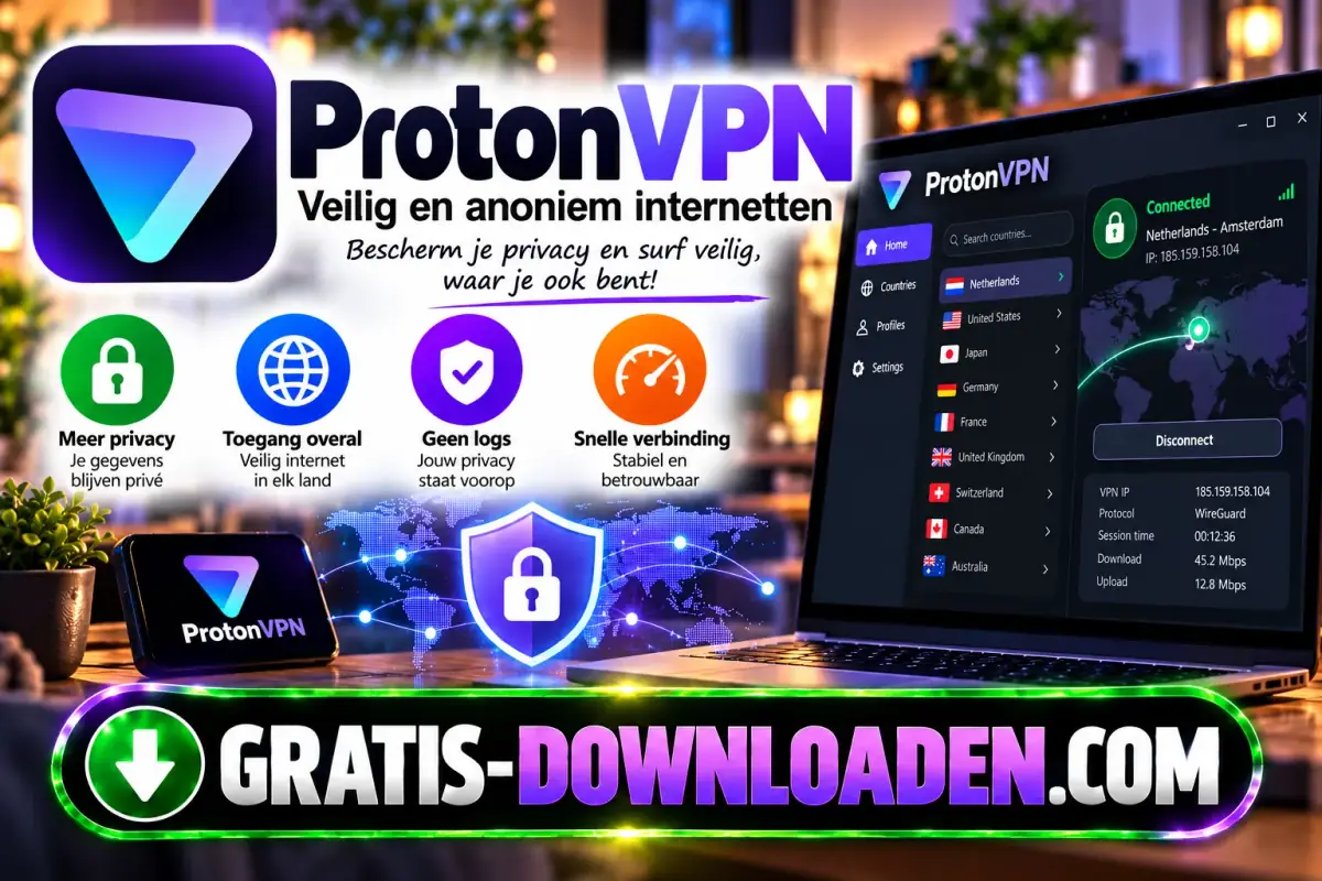 Illustratie van Proton VPN: het Proton VPN-logo met een laptop met de VPN-app en iconen voor privacy en snelheid