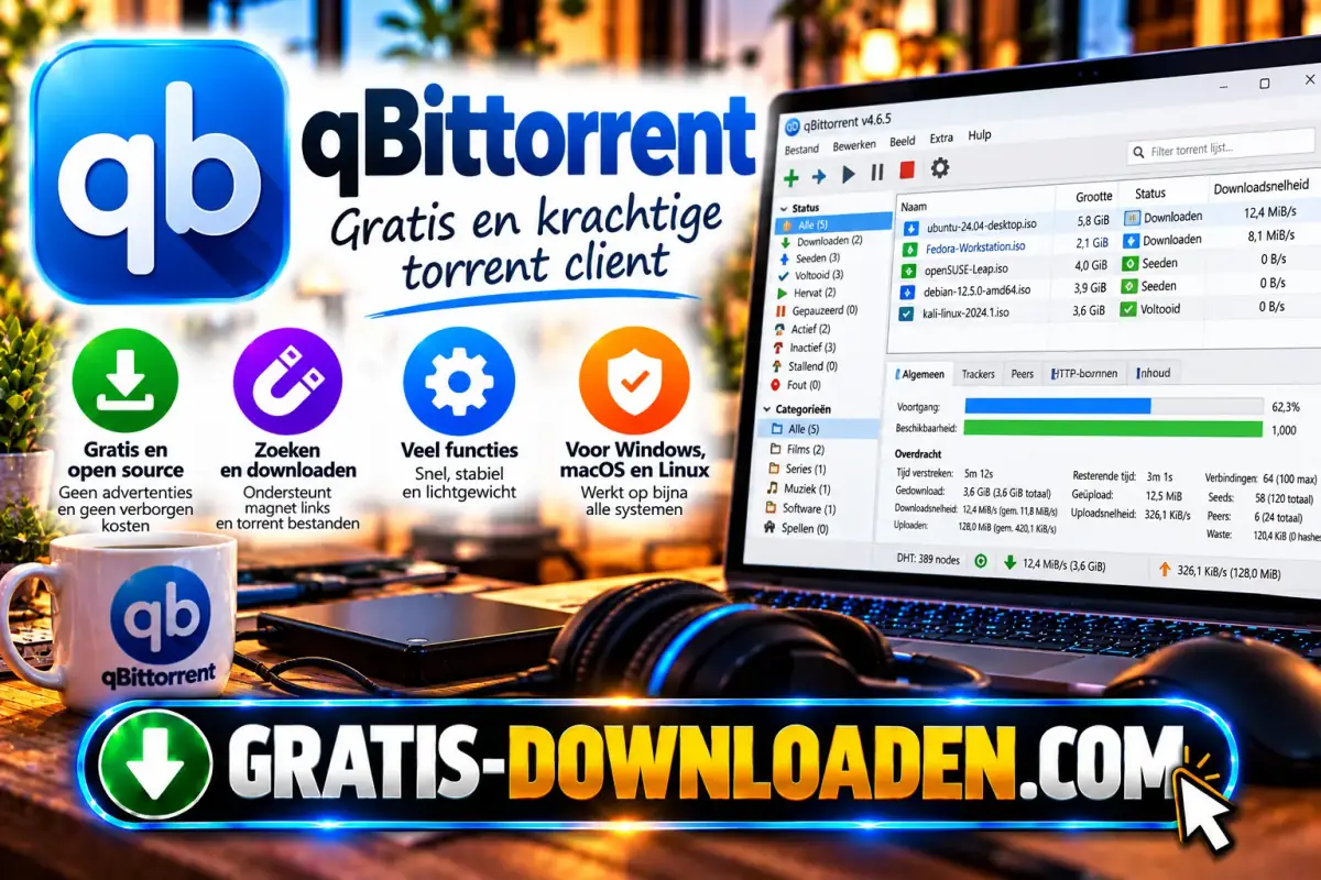 Illustratie van qBittorrent: het blauwe qb-logo met een laptop met downloads van Linux-distributies en iconen voor open source en zoeken