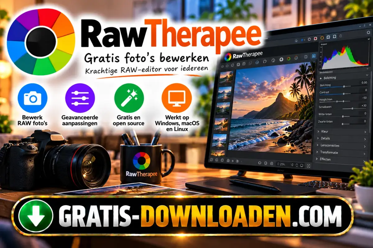 Illustratie van RawTherapee: het RawTherapee-logo met een camera en een laptop met een landschapsfoto in de editor