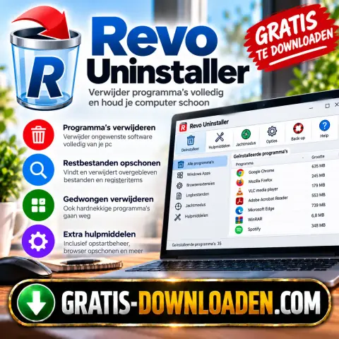 Illustratie van Revo Uninstaller: het Revo Uninstaller-logo met een prullenbak en een laptop met de lijst met programma's