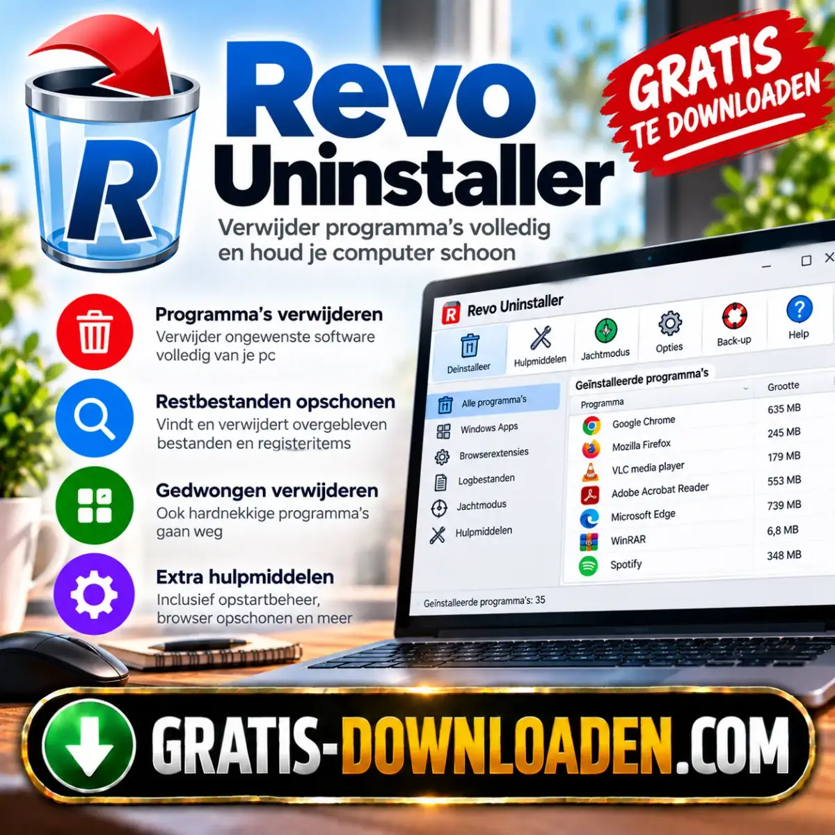 Illustratie van Revo Uninstaller: het Revo Uninstaller-logo met een prullenbak en een laptop met de lijst met programma's