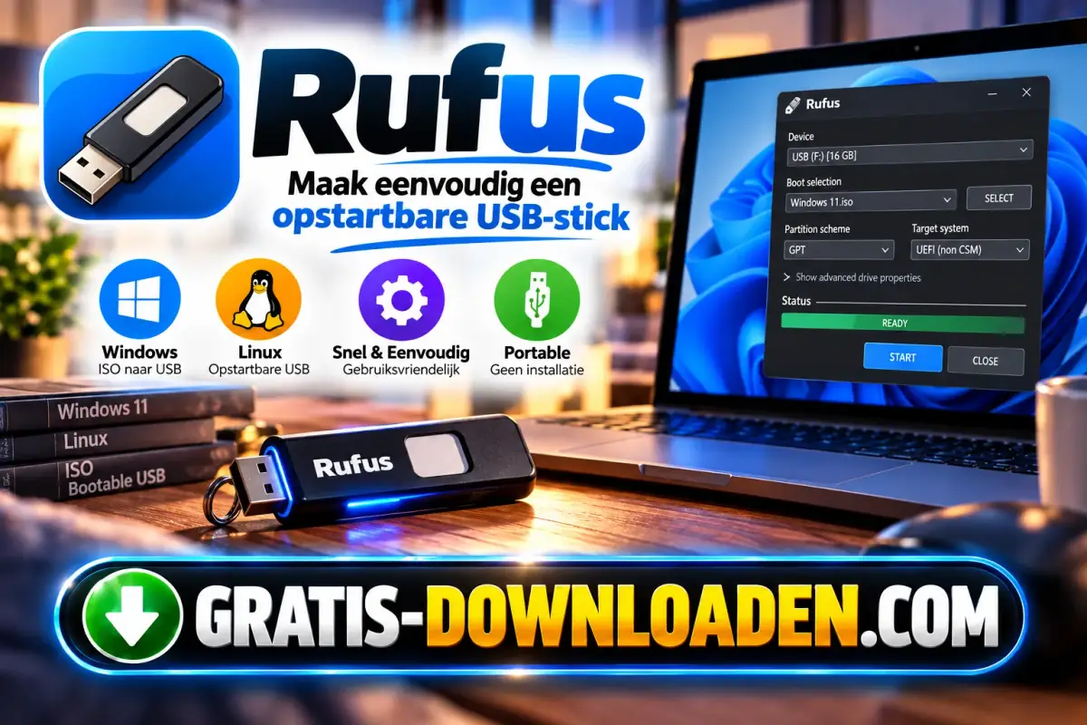 Illustratie van Rufus: het Rufus-logo met een USB-stick en een laptop met het Rufus-venster