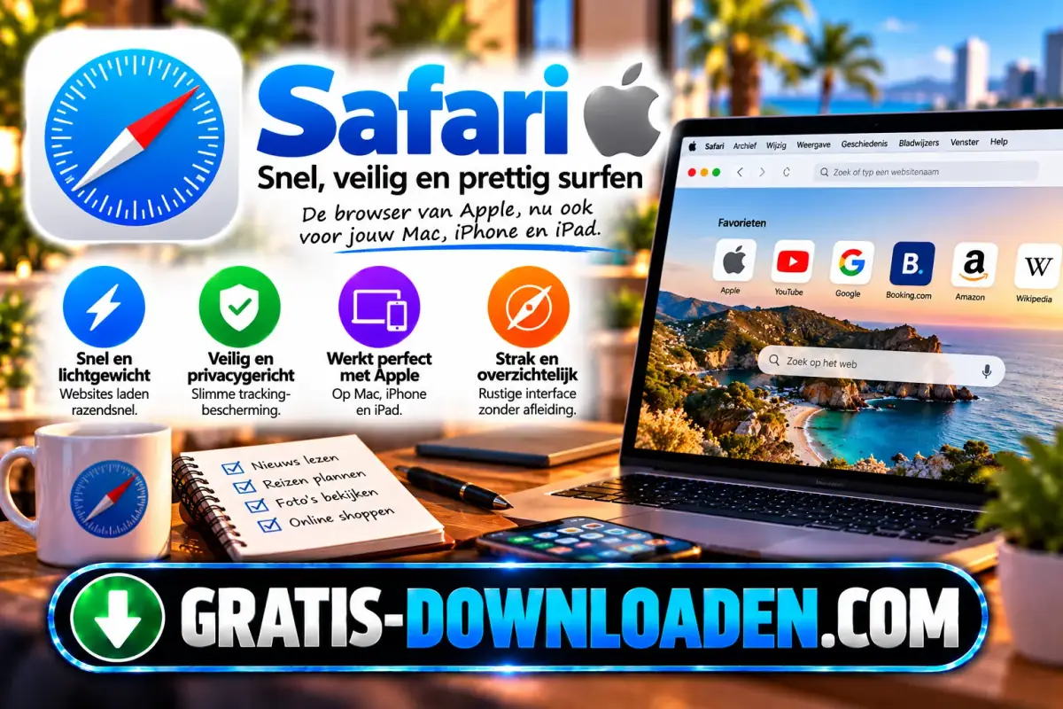 Illustratie van Safari: het Safari-kompaslogo en het Apple-logo met een laptop met de Safari-startpagina en iconen voor snelheid en privacy