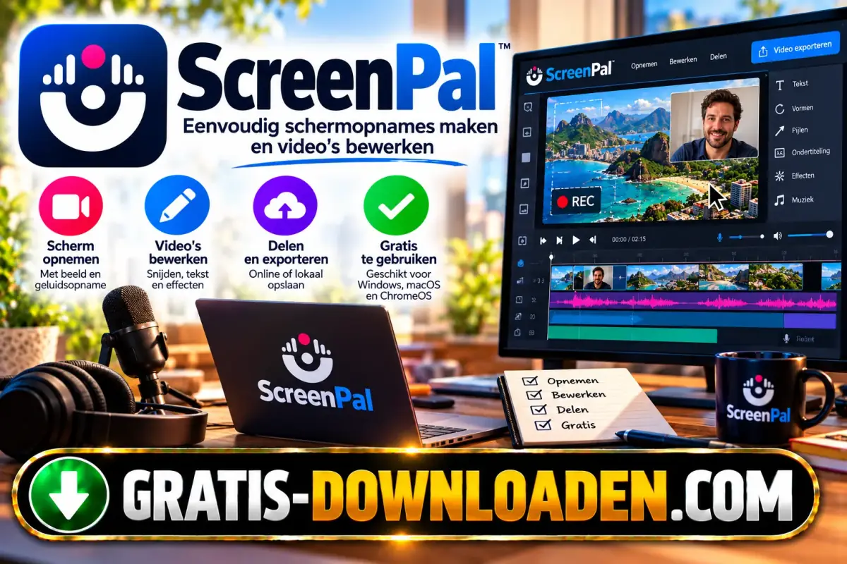 Illustratie van ScreenPal: het ScreenPal-logo met een laptop met een schermopname en iconen voor opnemen, bewerken en delen