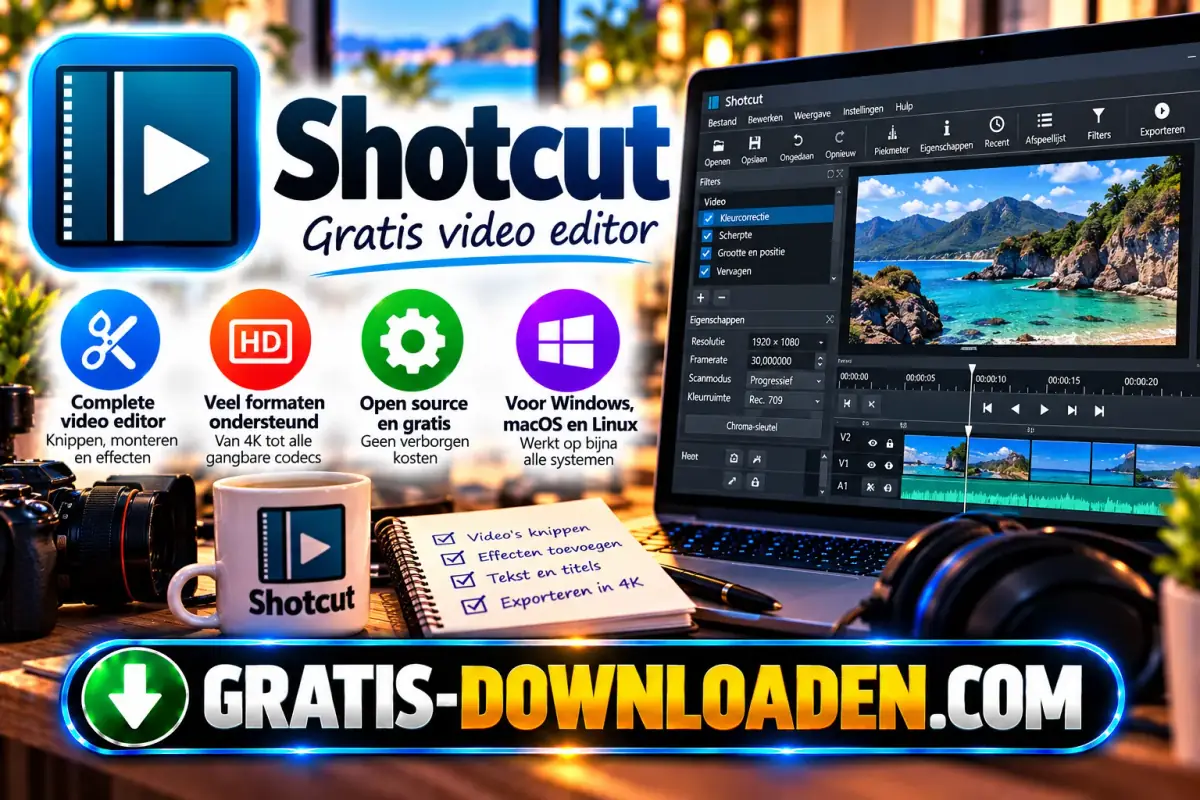 Illustratie van Shotcut: het Shotcut-logo met een laptop met een videotijdlijn en een kustvideo, een camera en een lijstje met bewerkingen