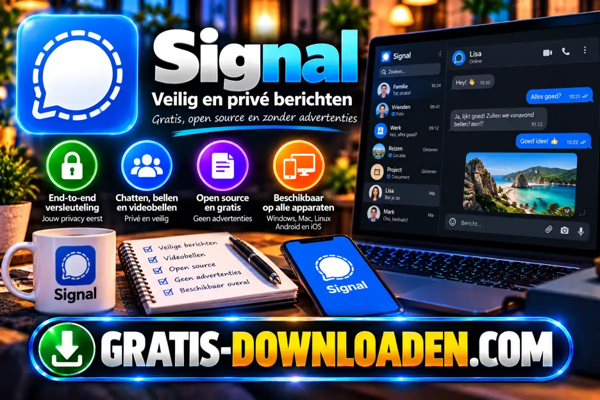 Illustratie van Signal: het blauwe Signal-logo met een laptop en telefoon met berichten en iconen voor versleuteling, bellen en open source
