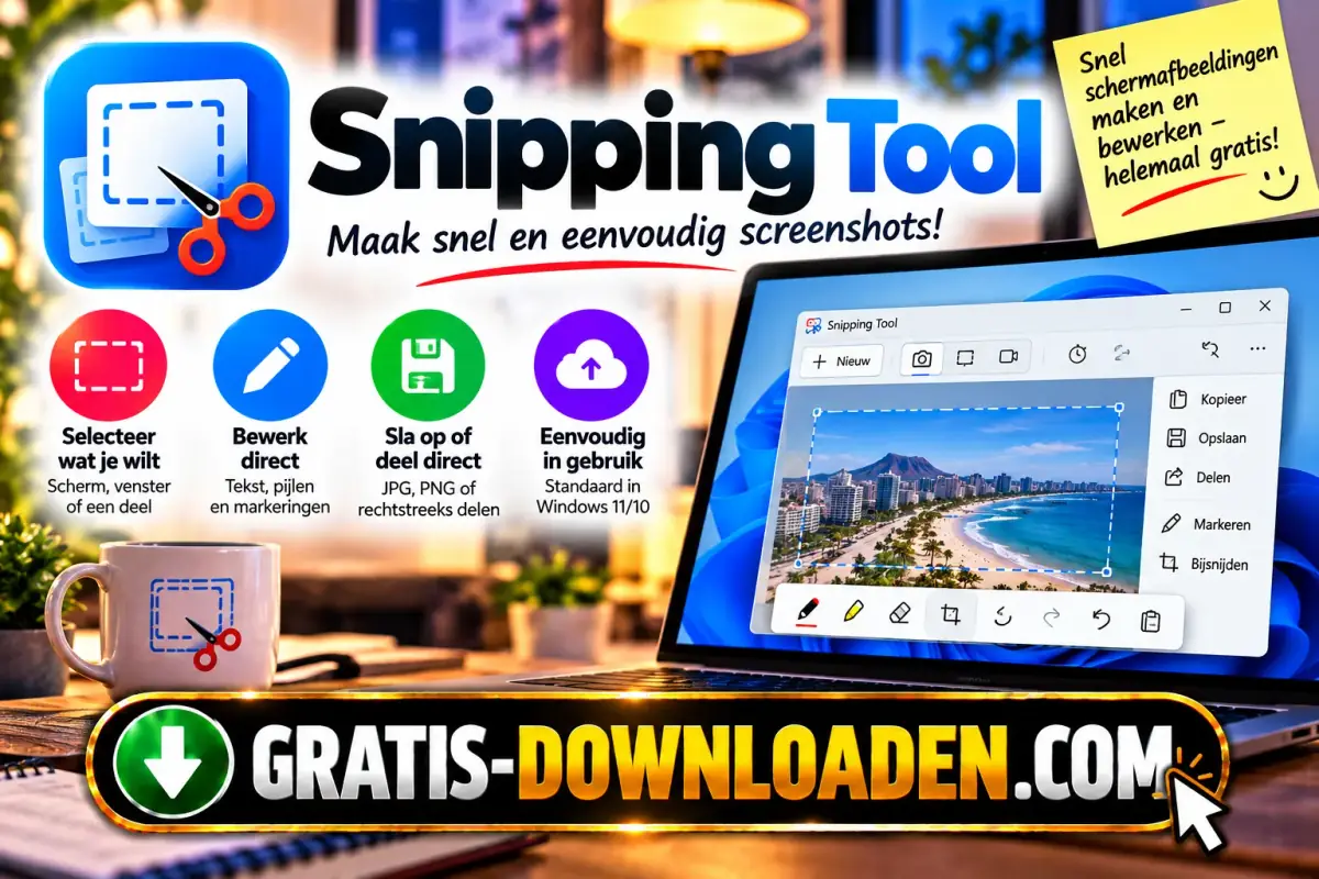 Illustratie van Snipping Tool: het Snipping Tool-logo met een schaar en een laptop met een schermafbeelding