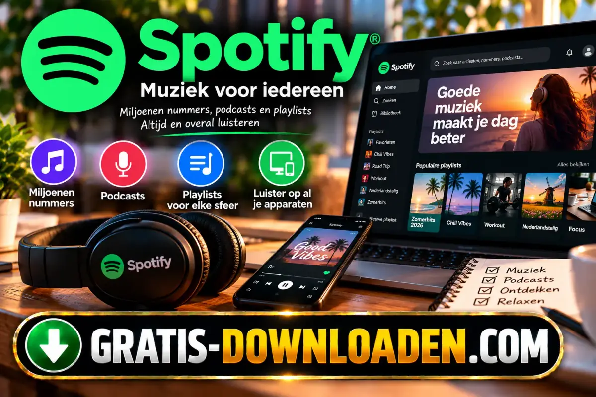 Illustratie van Spotify: het Spotify-logo met een koptelefoon, een laptop met de Spotify-app en iconen voor nummers, podcasts en playlists