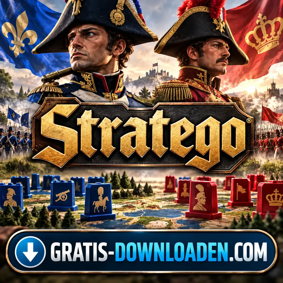 Illustratie van Stratego: twee legeraanvoerders in historisch uniform boven een speelbord met blauwe en rode stukken