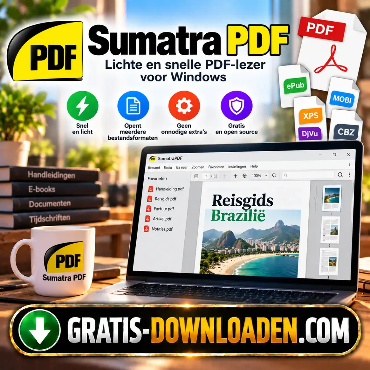 Illustratie van Sumatra PDF: het Sumatra PDF-logo met bestandstypen als PDF, EPUB en XPS en een laptop met een geopend reisgidsdocument