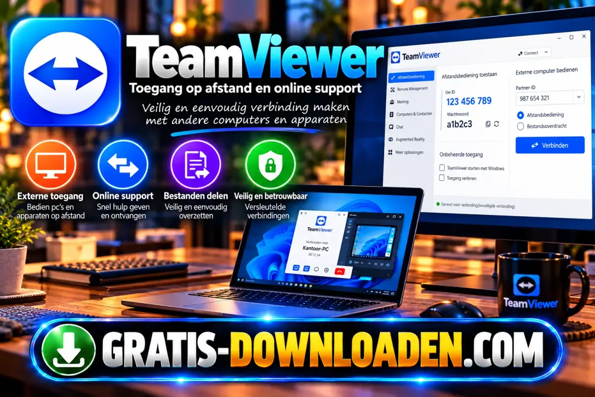 Illustratie van TeamViewer: het TeamViewer-logo met een monitor met een verbindingsscherm met ID en wachtwoord en een laptop op afstand