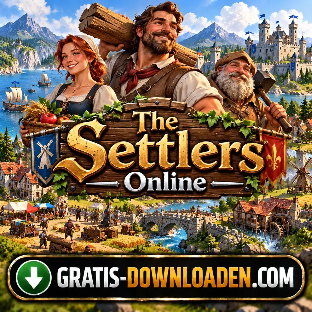 Illustratie van The Settlers Online: vrolijke kolonisten met een houten balk en graan voor een dorp met kasteel