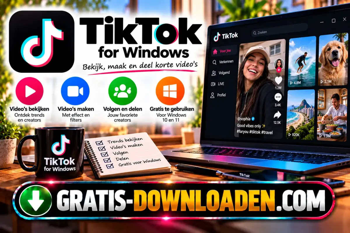 Illustratie van TikTok for Windows: het TikTok-logo met een laptop met korte video's en iconen voor bekijken, maken en delen