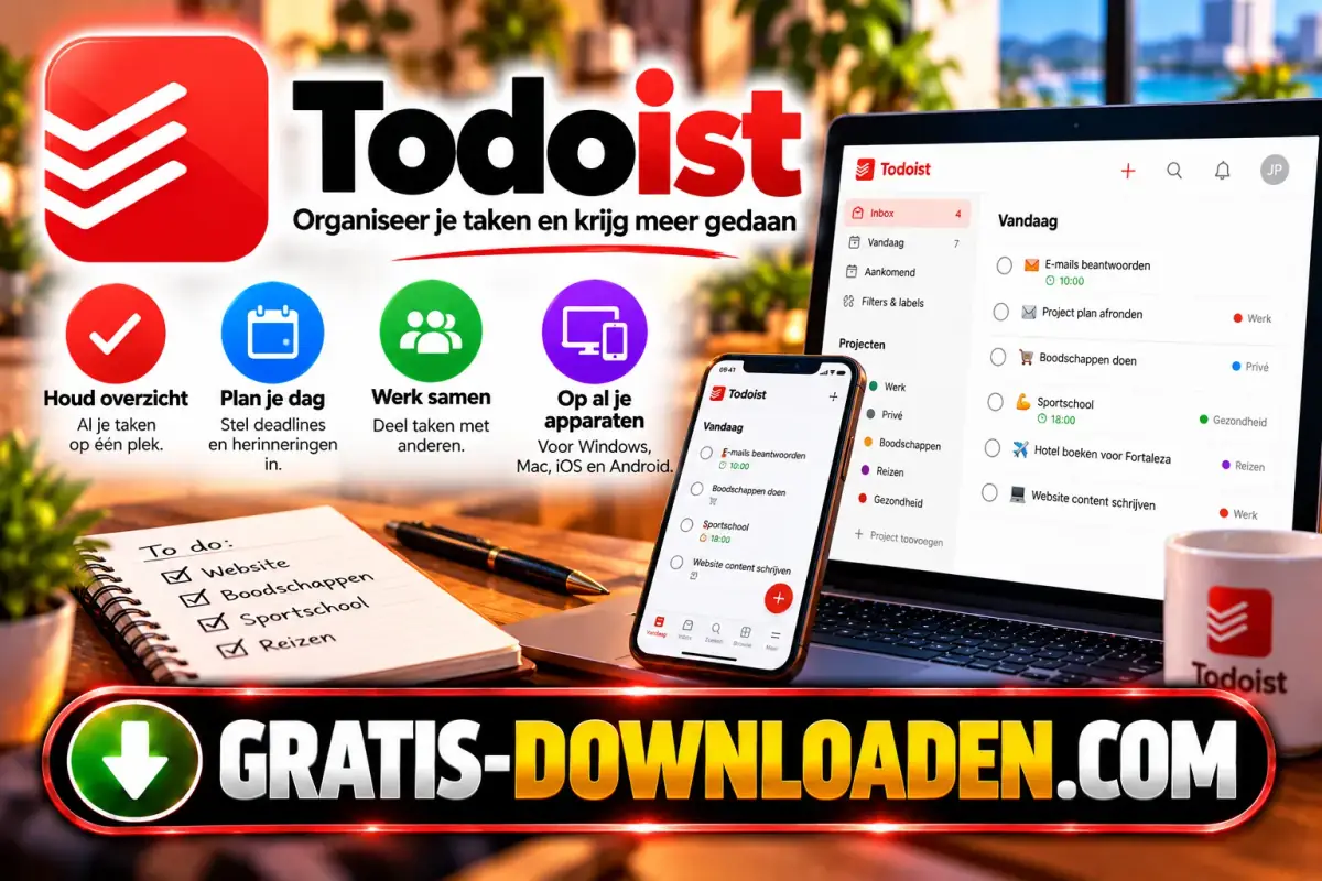 Illustratie van Todoist: het rode Todoist-logo met een laptop en telefoon met een takenlijst en een papieren to-dolijstje