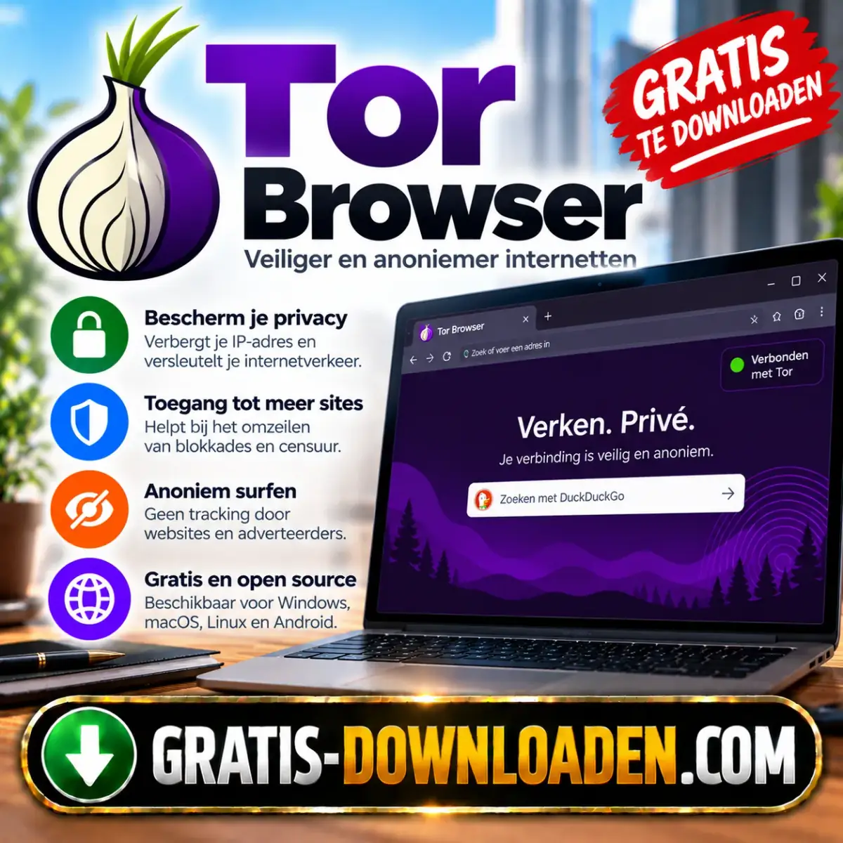 Illustratie van Tor Browser: het Tor-logo met een paarse ui en een laptop met de Tor Browser en iconen voor privacy