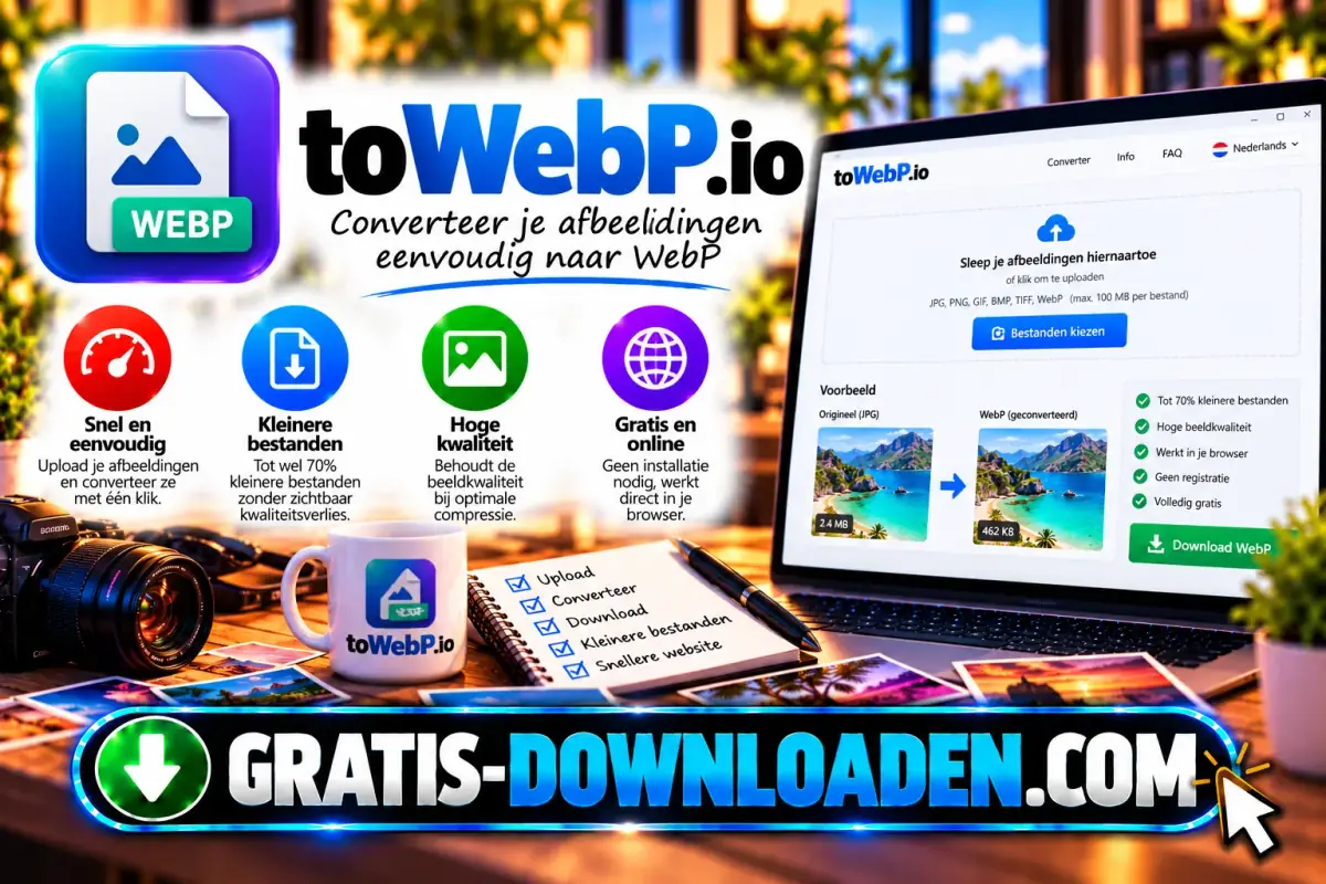Illustratie van toWebP.io: het blauwe WebP-logo met een laptop met de toWebP-website die een foto van JPG naar WebP omzet