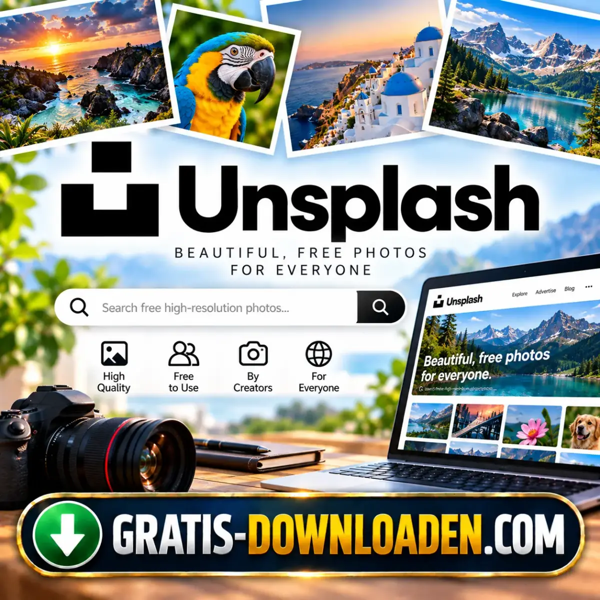 Illustratie van Unsplash: het Unsplash-logo met een zoekbalk, foto's van een papegaai, kust en Griekse huisjes, en een camera naast een laptop